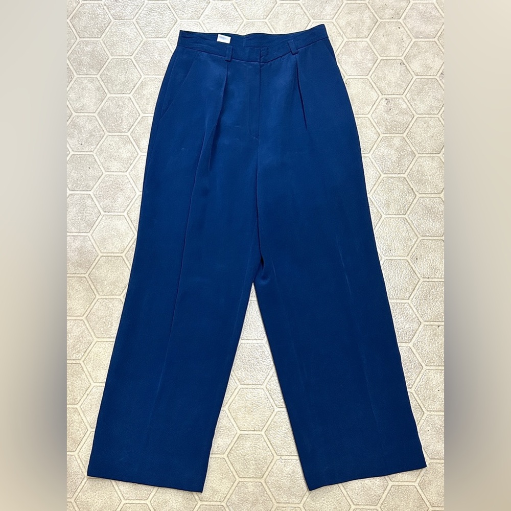1990s Vintage Women’s 6 Blue 100% Silk Wide Leg Jones New York Slacks Pants
